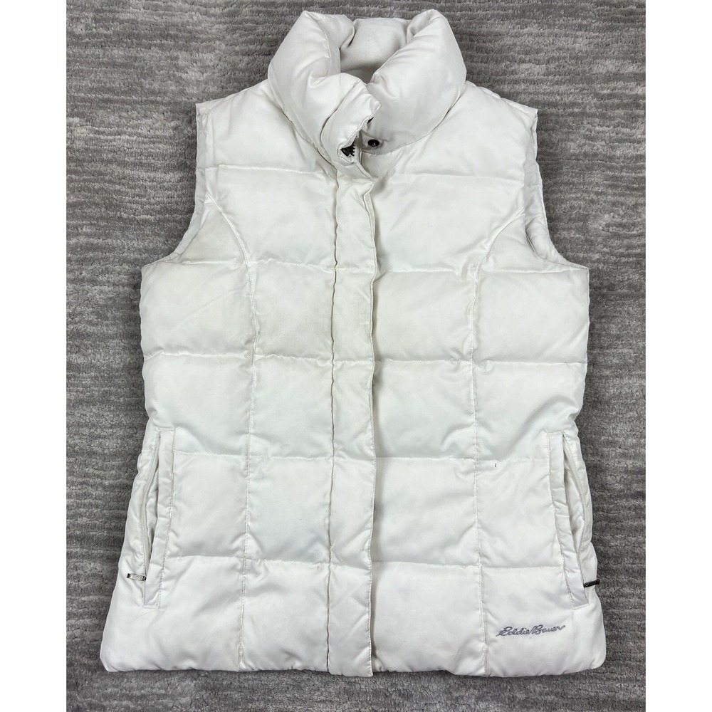 Eddie‎ Bauer Puffer Vest Womens XS White Goose Down Quilted Full Zip Funnel Neck